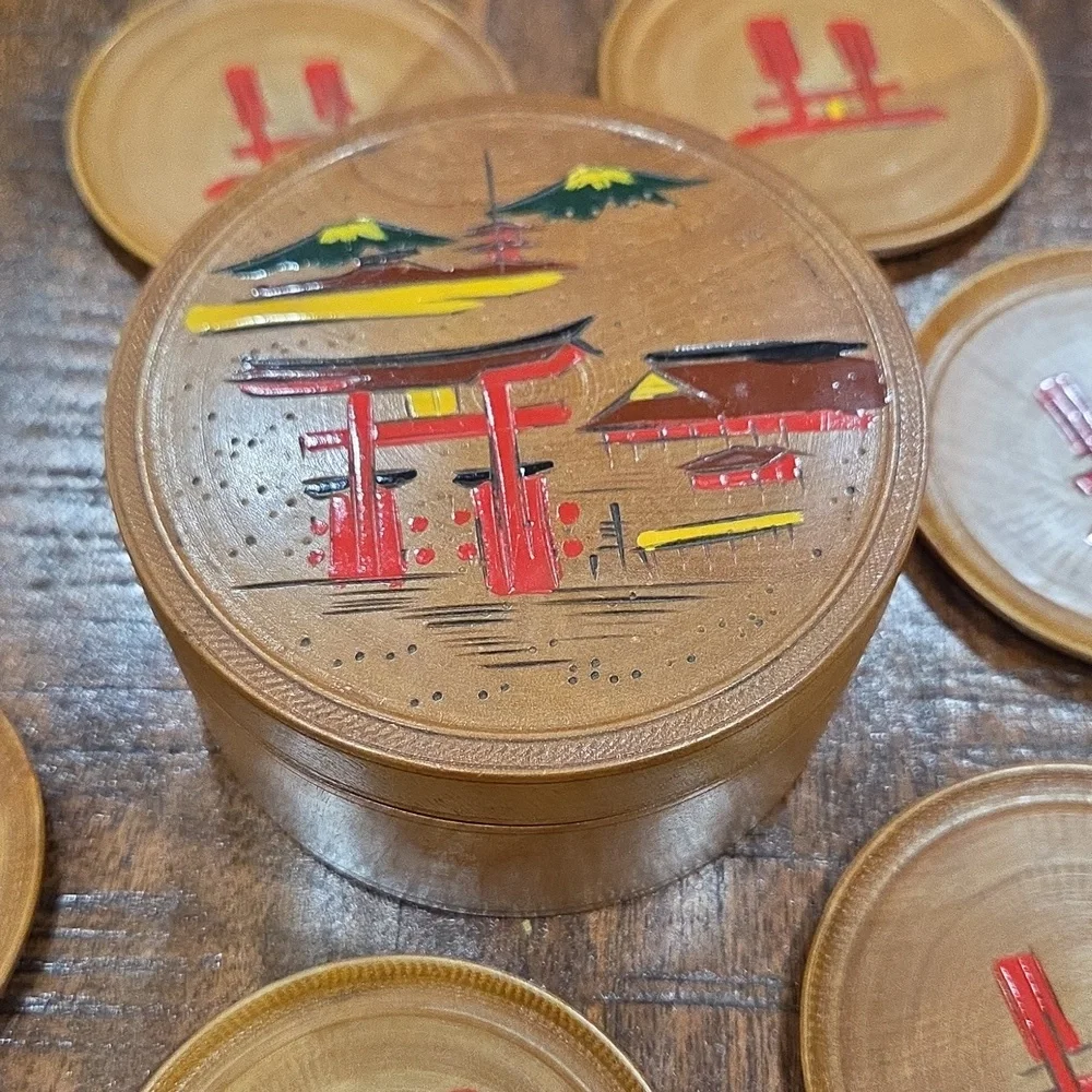 Vintage Japanese Handcrafted Wooden Coaster Set with Box